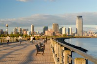 Riding bikes on Boardwalk of Liberty Park, New Jersey